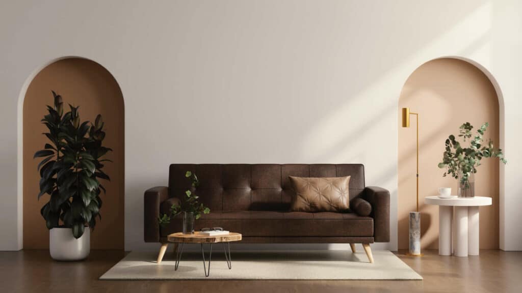 Un salon avec un canapé centrale noir